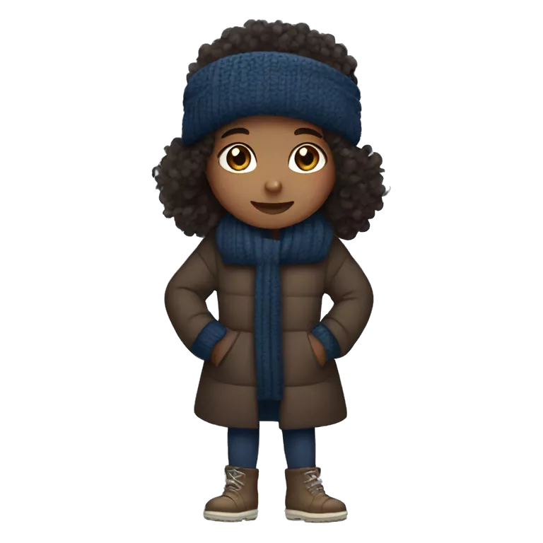 winter, christmas, hispanic, afro hair,  girl, brown eyes, child, full body, dark blue winter sweater, coat, headband