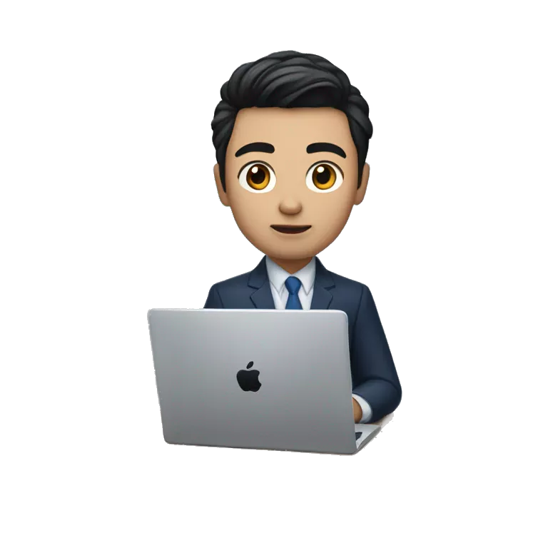memoji of a young man with a laptop in front, apple-style, on laptop with a blue sticker with 4 letters: &quot;WYZE&quot;, modern, dark hair, dark blue suit, computer in hand, chinese skin, sitting on this desk