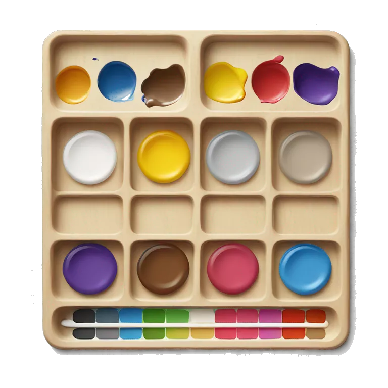 wooden painting palette, paint mixing tray with applied paint colors