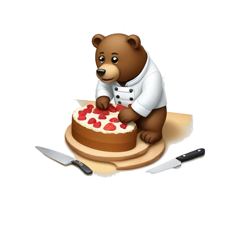 a bear chef slicing a cake on a cutting board, the cake cut into multiple slices already