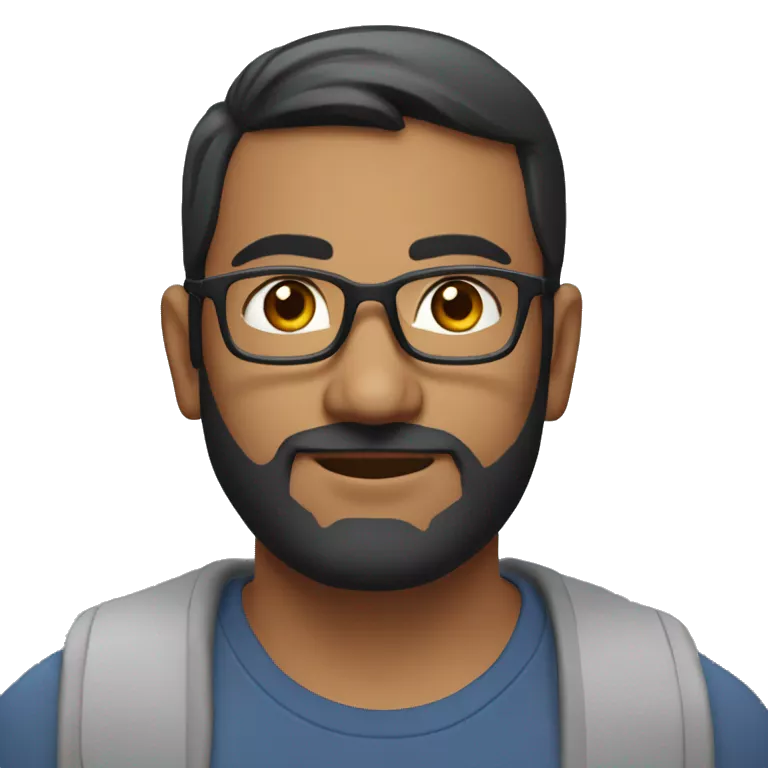 A head and shoulders shot of a 35 year old South Asian man, with short black hair, with beard facial hair,  wearing glasses with brown eyes wearing a t-shirt.