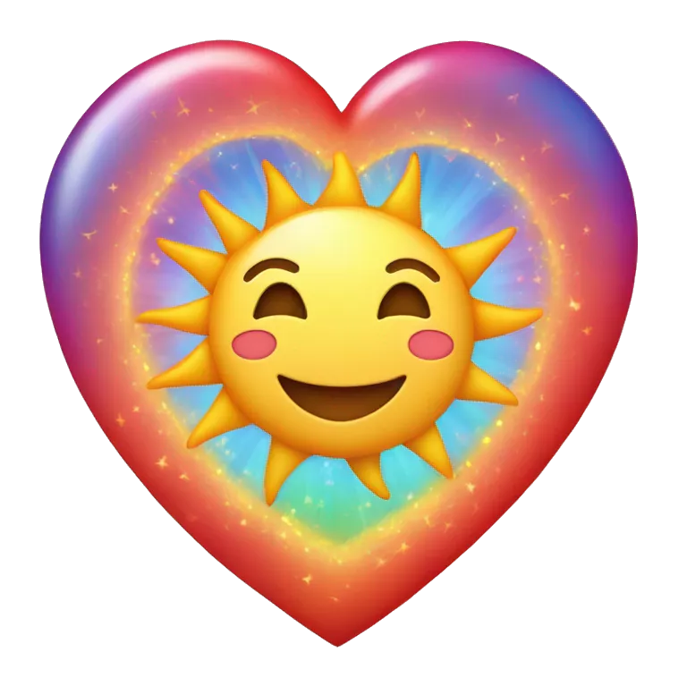 A smiling sun with heart-shaped rays. Inside the heart, two interlocking wedding rings. The sun's eyes are tiny red hearts. A small rainbow arcs below, connecting the rings.
