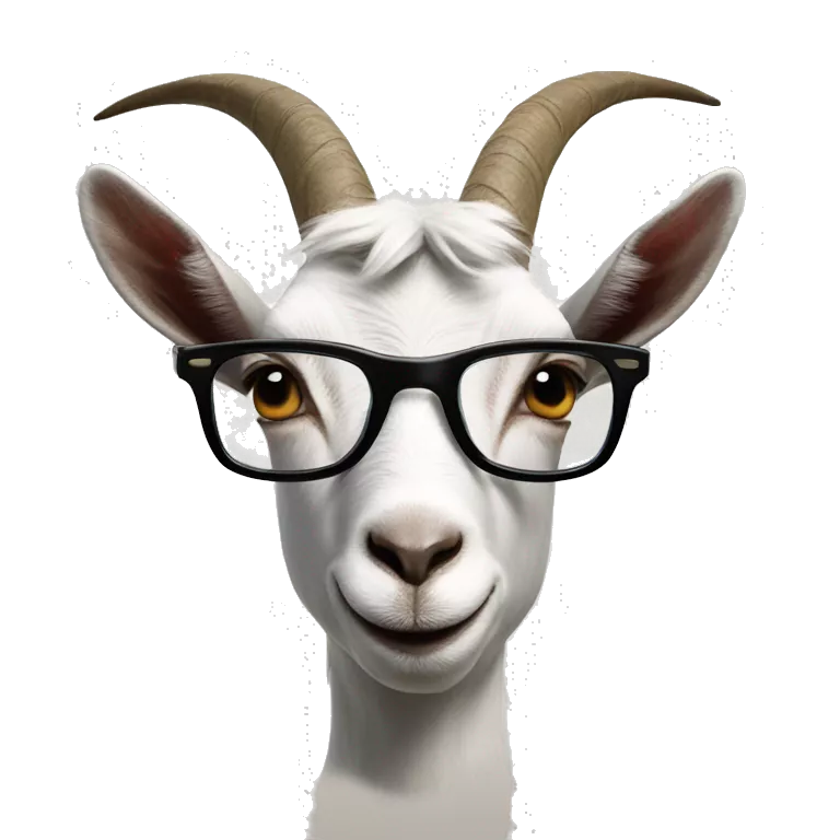 a goat with glasses superimposed on its face. The goat's expression is straight and the glasses give it a human-like appearance.