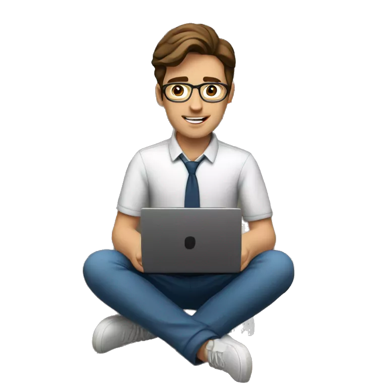 A young teacher (man) with brown hair with a laptop. No glasses. The background is a modern bookshelf.