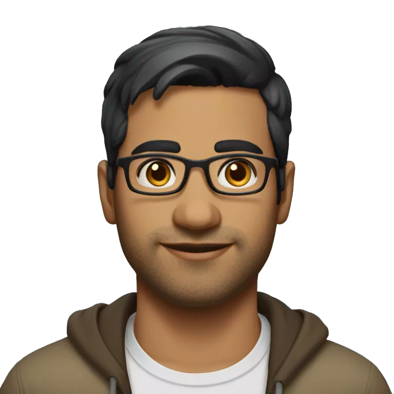 A head and shoulders shot of a 31 year old South Asian man, with short black hair, with none facial hair,  wearing glasses with brown eyes wearing a t-shirt.