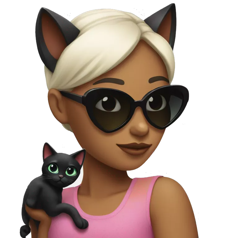 Girl in heart shaped sunglasses looking at black cat with sunglasses