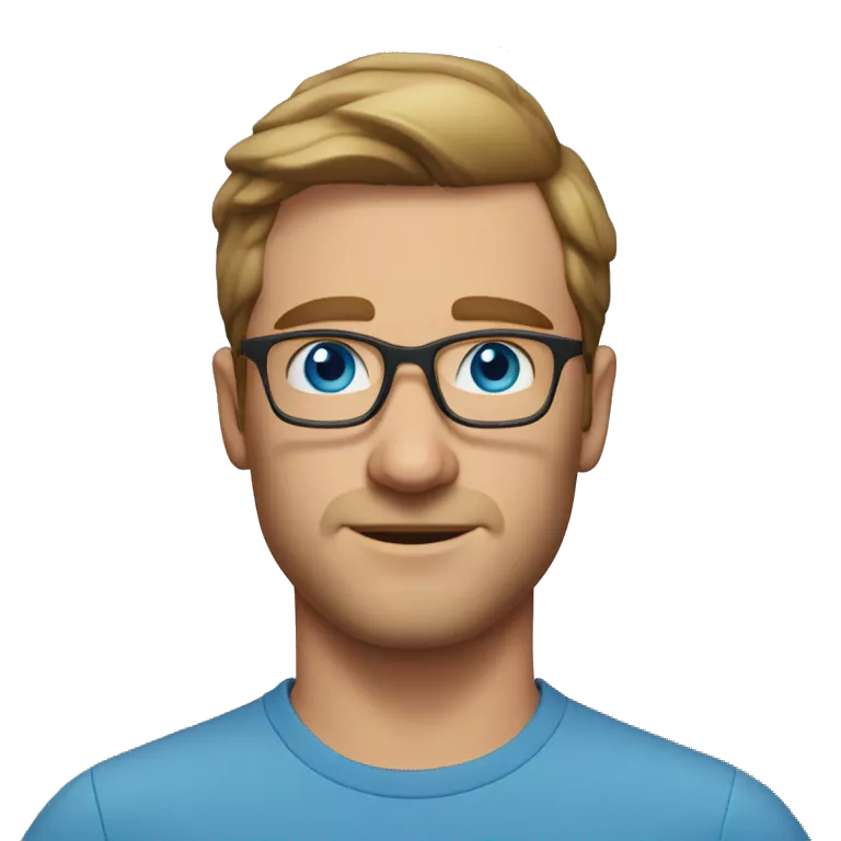 A head and shoulders shot of a 35 year old white man, with short brown hair, with none facial hair,  wearing glasses with blue eyes wearing a t-shirt.