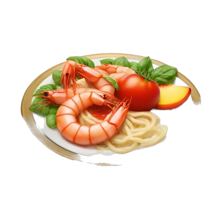plate with tomato coulis; shrimps and peaches on top; in a plate