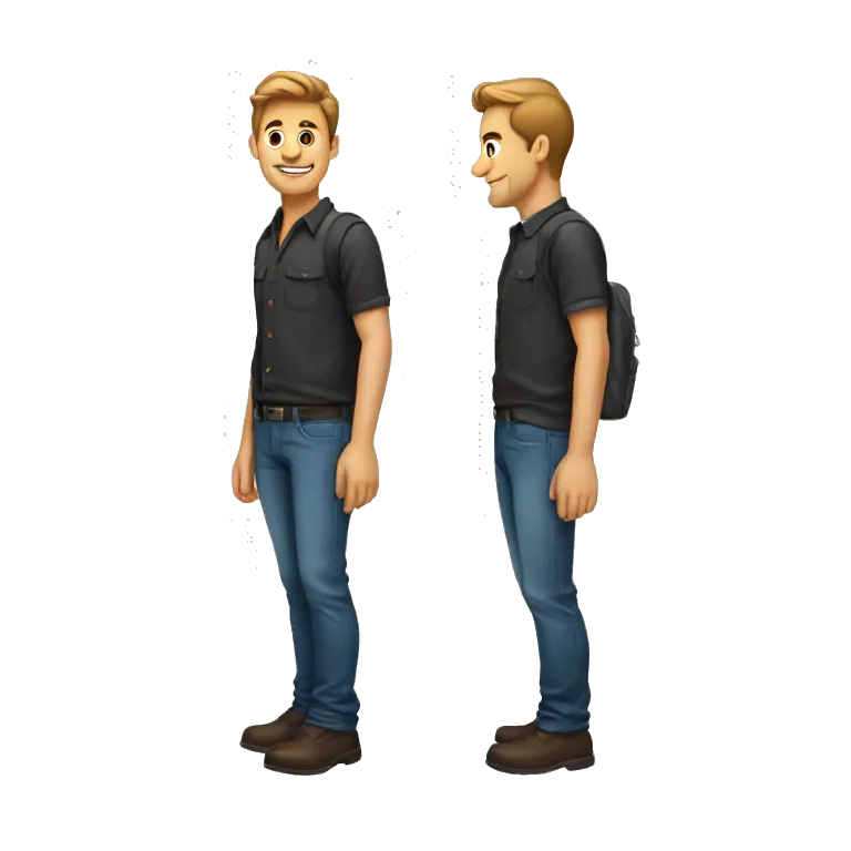 Guy standing turned slightly his right. Left hand in pocket. Right hand hanging