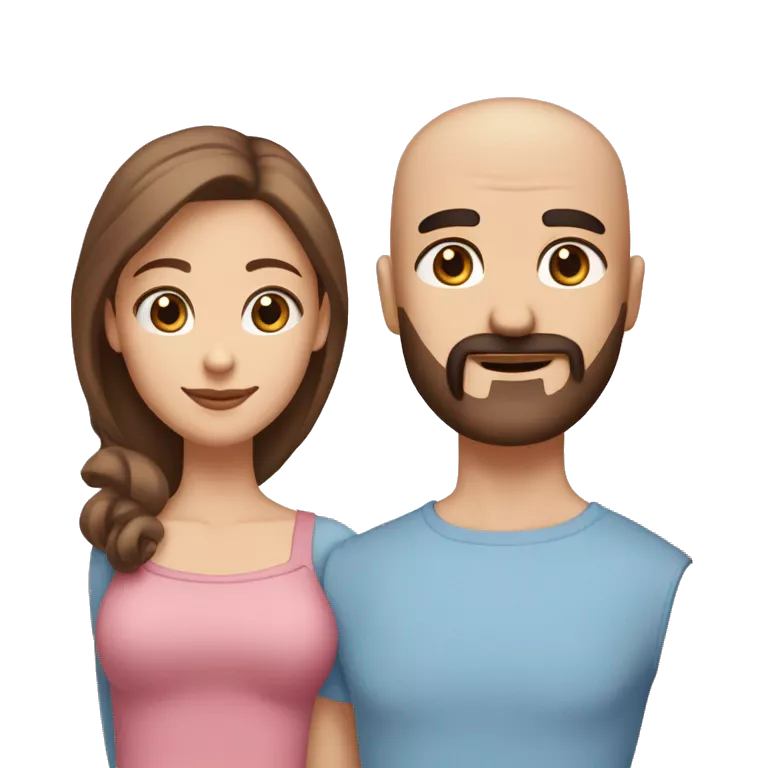 Throuple two girls one guy guy with mustache medium length beard, shaved head, one female, medium length, brown, straight hair, brown eyes, other female, multitone, pink hair, blue eyes all Caucasian