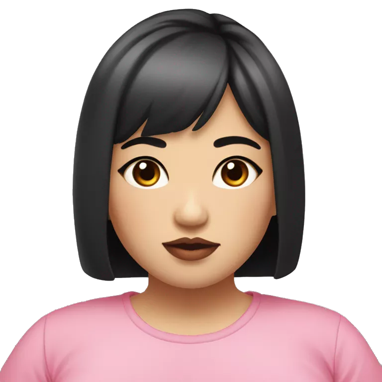 Short hair, Asian women, dark eyes, and thick lips. The body is chubby, the lips are pink, the pupils are black, the bangs are straight, young, and the clothes are street fashion