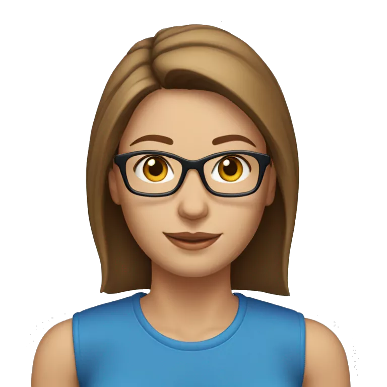 A head and shoulders shot of a 40 year old Caucasian woman, with straight brown hair,  wearing glasses with blue eyes wearing a t-shirt.