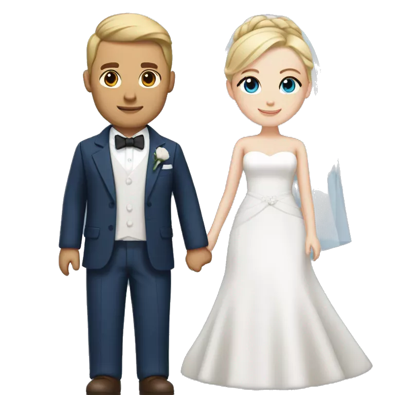 Wedding couple, groom white skin with brown hair and brown eyes, bride with white skin blonde hair up and blue eyes and veil and dark blue suit