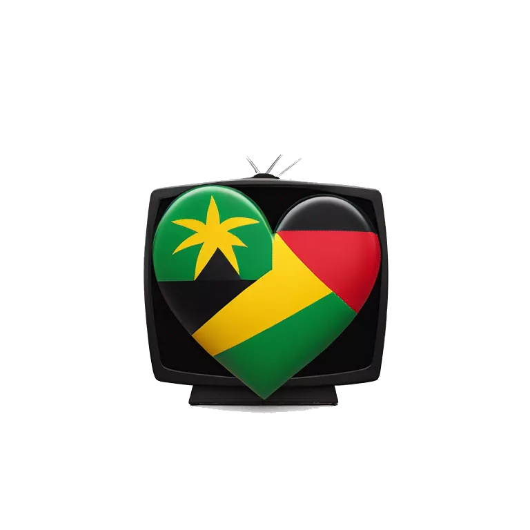 A heart-shaped Jamaican flag with a small golden wedding ring hanging off one side. Inside the heart, there's a miniature TV screen showing a play button. The TV is flanked by two tiny palm trees