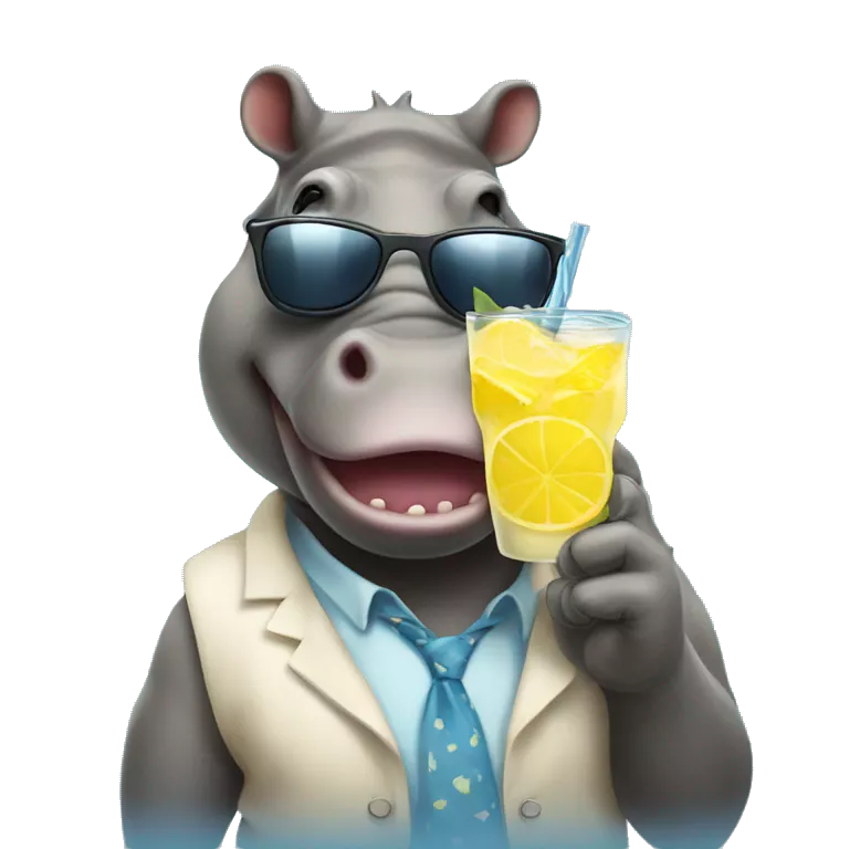 Hippoptamus with a sunglasses while drinking a lemonade
