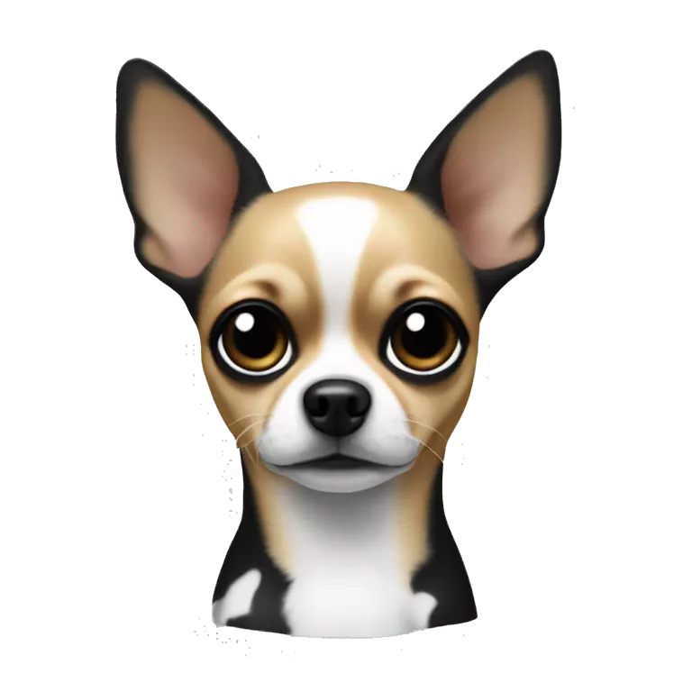 Chihuahua dog.His is mainly black and white, with black spots over the eyes, ears and back. The ears are large, pointed, There is a black spot on the chest that resembles an inverted triangle. He is upset