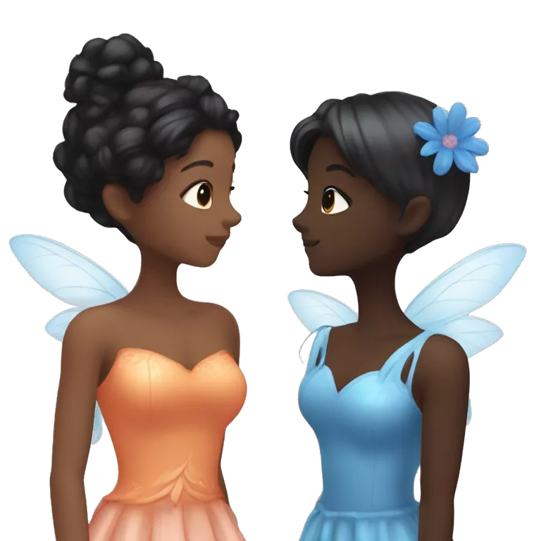 two fairies kissing, one is white and has a pink dress made from a flower and er hair is orange, and other is dark brown with black hair and a blue dress made of flower