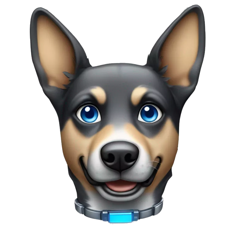 Robotic dog with blue eyes that’s in the color scheme of light and dark grey and has German shepherd like ears