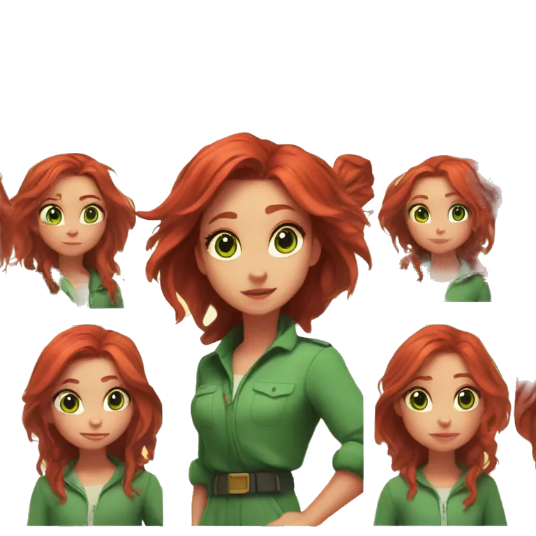 Cute Girl, Big green eyes, Long red hair, Green loose fitting pantsuit Running, Disney anime style, cinematic lighting