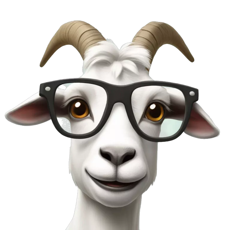 a goat with glasses superimposed on its face. The goat's expression and the glasses give it a human-like appearance.
