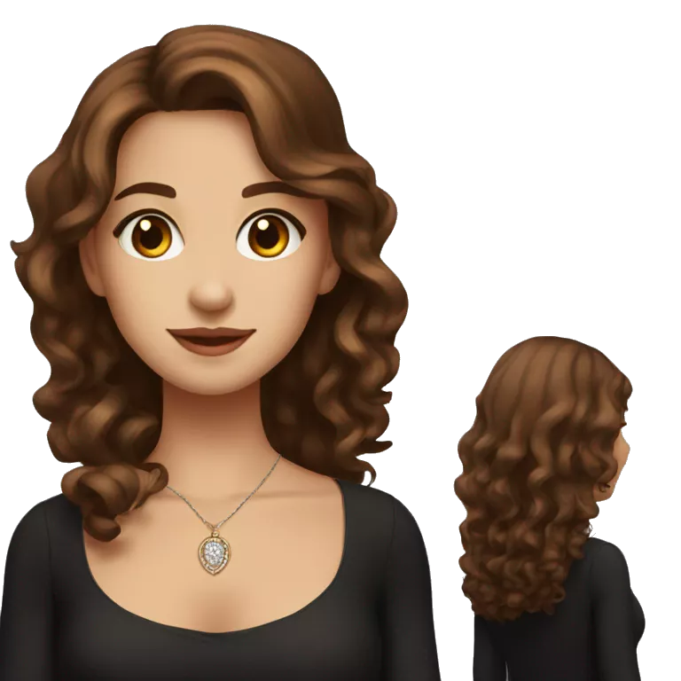 charming girl in black dress with brown wavy hair and brown eyes wearing necklace