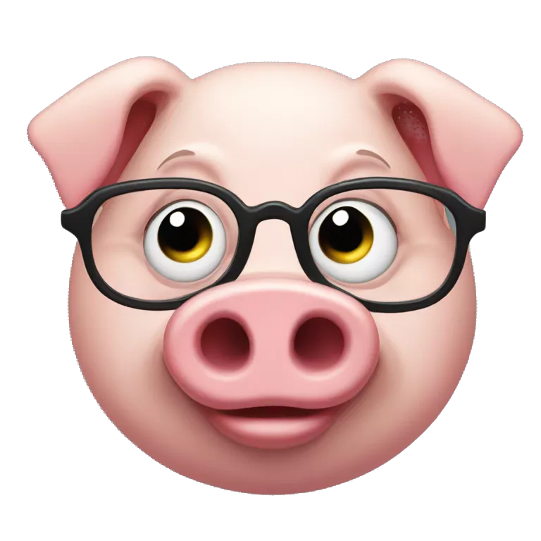 an evil pig wearing round glasses, smirk, evil smile, grin, villain, narrowed eyes