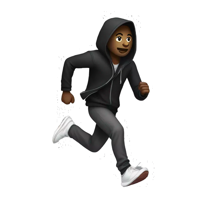 Black hooded man running with dreadlocks and Jordan shoes on