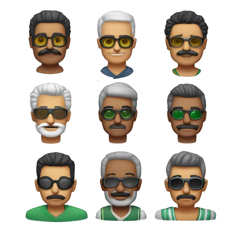 Género: Masculino
Edad Aproximada: Joven adulto
Color de Piel: Moreno claro
Peinado: Cabello rizado y corto
Vello Facial: Barba de candado (perilla y bigote)
Ojos: Oscuros
Accesorios: Gafas de sol verdes en la cabeza, aretes en ambas orejas