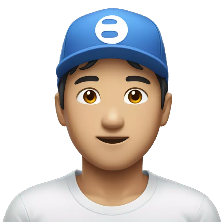 A handsome Asian boy wearing a blue short sleeve shirt and a white cap hat upside down