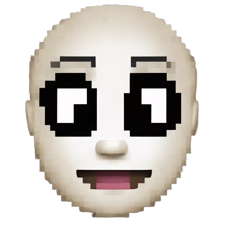 The image depicts a pixel art representation of a face, resembling Sans from the game &quot;Undertale.&quot; The face has large, square eyes with white pupils, a triangular nose, and a wide, toothy smile. It's pixelated