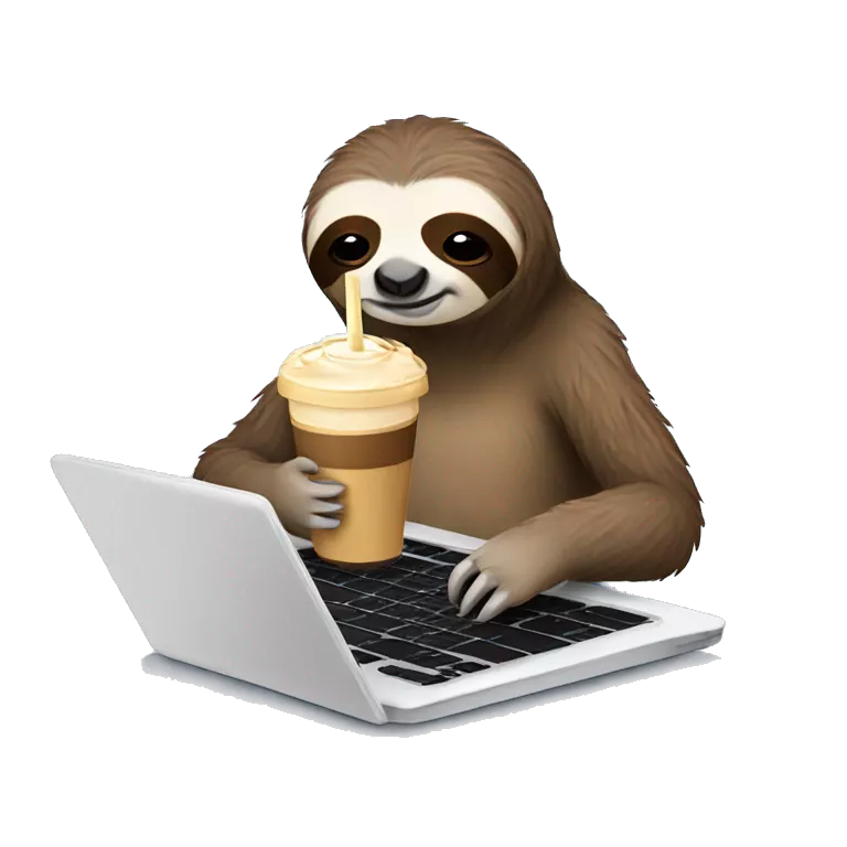 tired sloth with laptop and ice latte
