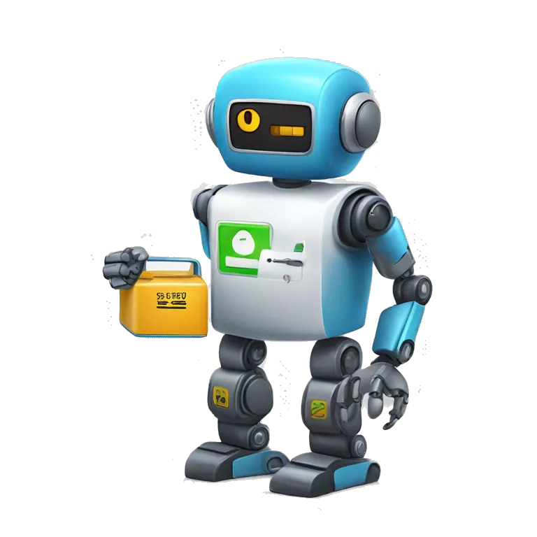 call center robot looks like friendly robot with a battery icon on his chest (he's working for a battery shop)