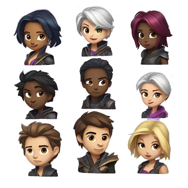 Digital sticker of a ship of characters with Fiora from the League of Legends, in the style of Disney cartoons, in different poses and actions with different emotions, many mini characters in one picture