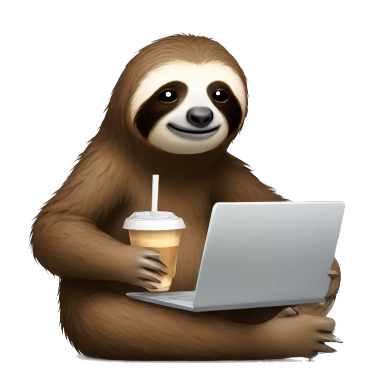 tired sloth with laptop and ice latte