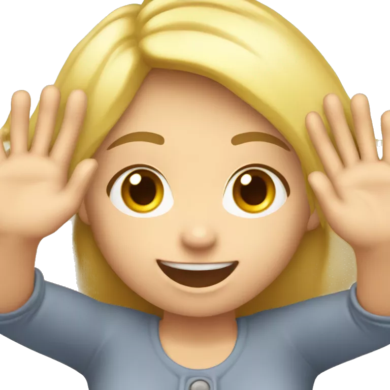 Blonde Girl with both hands high up in the air. Happy, frontal view above waist only. Enjoying. Open hands showing palm