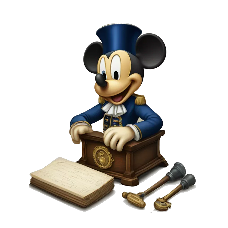 Mickey mouse next to an antique French Revolution royalty remover instrument