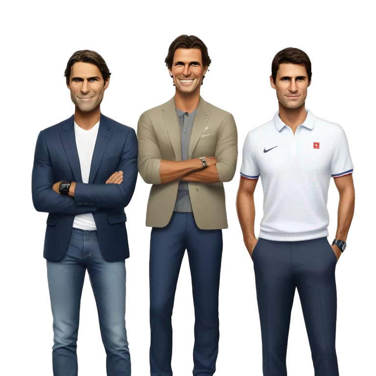 In the left ide there is Rafael Nadal. In the middle there is Novak Djokovic. In the right side there is Roger Federer. They ar standing one next to each other and they are made with the smestyle