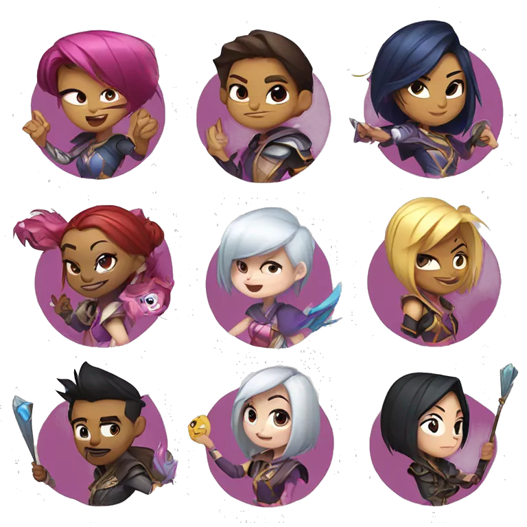 Digital sticker of a ship of characters with Fiora from the League of Legends, in the style of Disney cartoons, in different poses and actions with different emotions, many mini characters in one picture