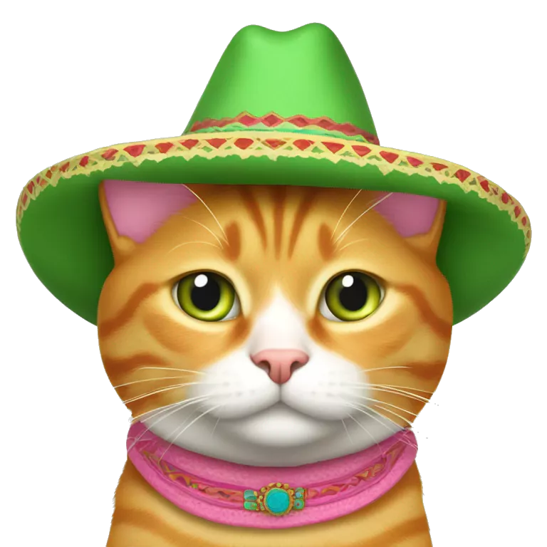 8-year old orange tabby cat with white belly, chest, and lower face. His nose and inside of ears are pink. Light green eyes. No collar but he has a Mexican sombrero on his head. He is fat. He doesn't like wearing the hat.