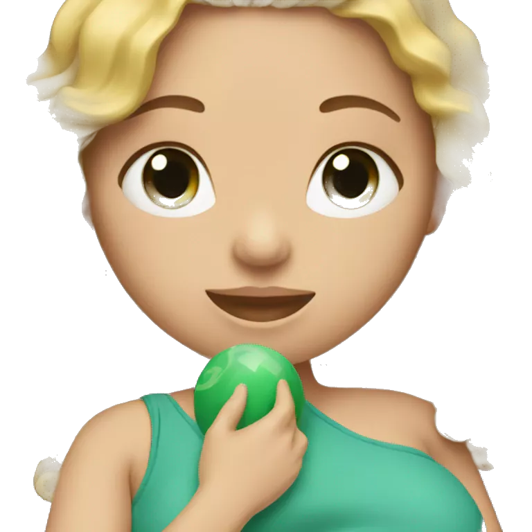 A pregnant Woman with long curly blond Hair and green eyes is pregnant.