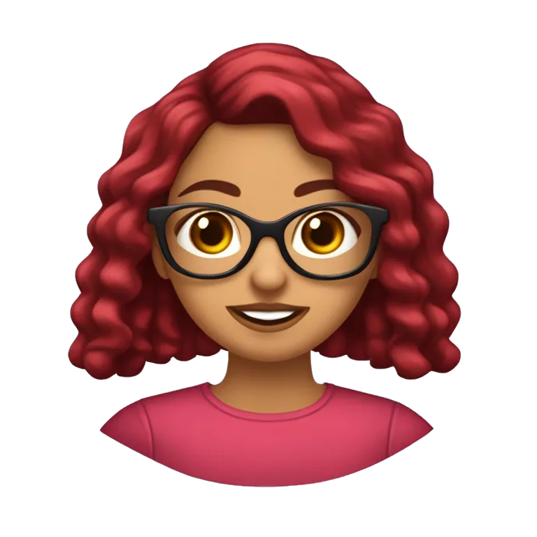 chica joven con cabello semicorto ondulado de color rojo borgoña , con lentes y brackets , ojos carmelitas almendrados , labios gruesos y rosados , pestañas largas , cejas finas pero prominentes , nariz fina y respingada , piel blanca rosada
