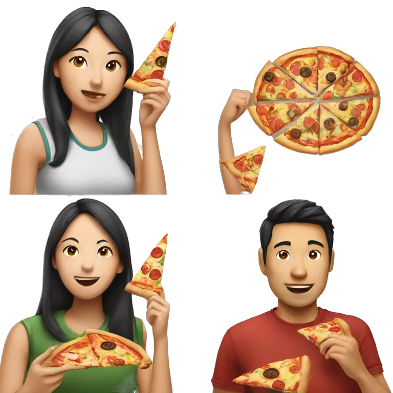 Four Asian women eating pizza, one Asian man