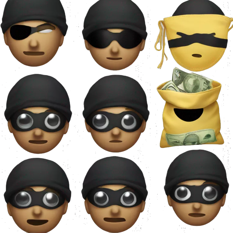 Robber Emoji with a black beanie, black eye mask with holes for his eyes, and a money bag emoji over his shoulder