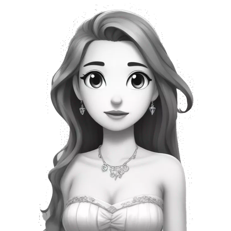 prinvk, 1girl, solo, dress, long hair, bare shoulders, princess, monochrome, 2d, anime