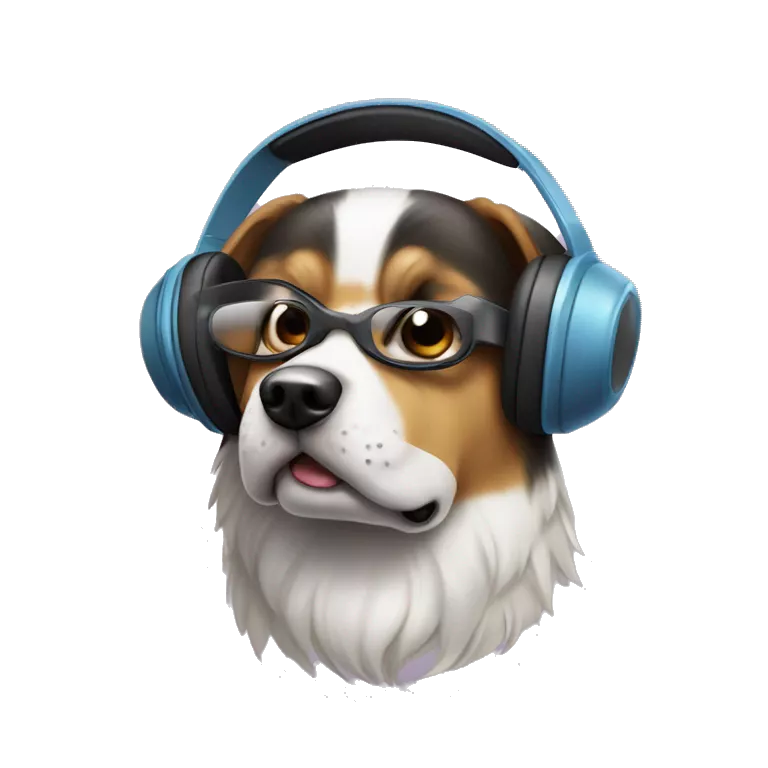 Chien avec un casque de musique sur la tête avec des lunette et des cœurs comme yeux
