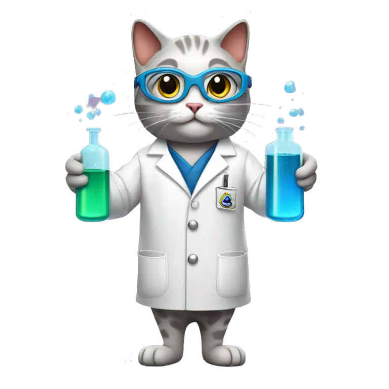 Cat wearing chemistry lab coat goggles and has two flasks with chemicals, one on each hand. show whole body