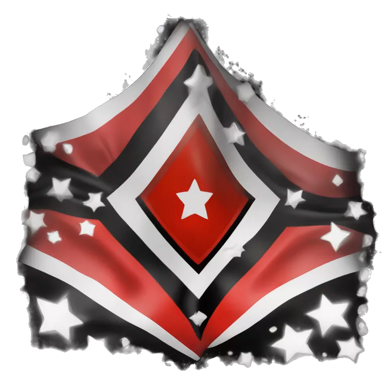 Bandera roja con diamante blanco en el centro que conecta con los bordes, y cuadrado negro dentro del diamante blanco que conecta con las lados del diamante