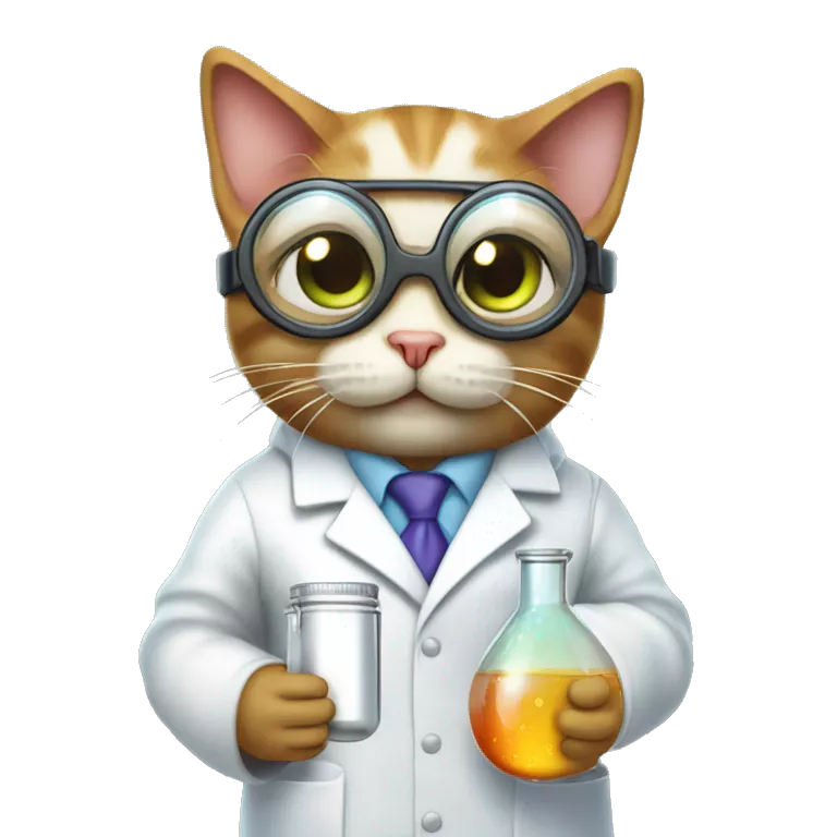 Cat wearing chemistry lab coat goggles and has flask with chemicals. show whole body
