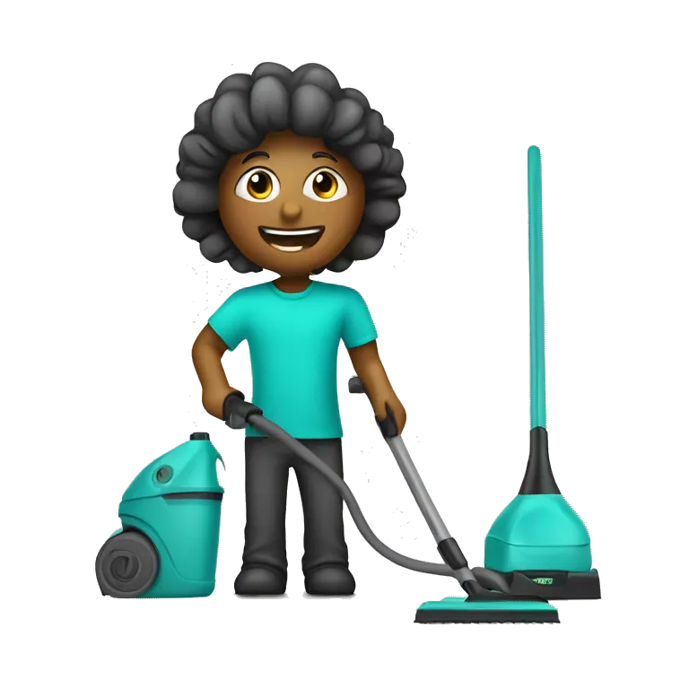 cleaner in turquoise color t-shirt. with vacum cleaner