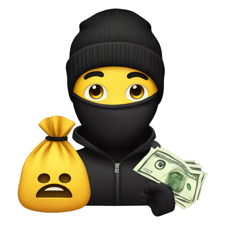 Robber Emoji with a black beanie, black eye mask with holes for his eyes, and a money bag emoji over his shoulder